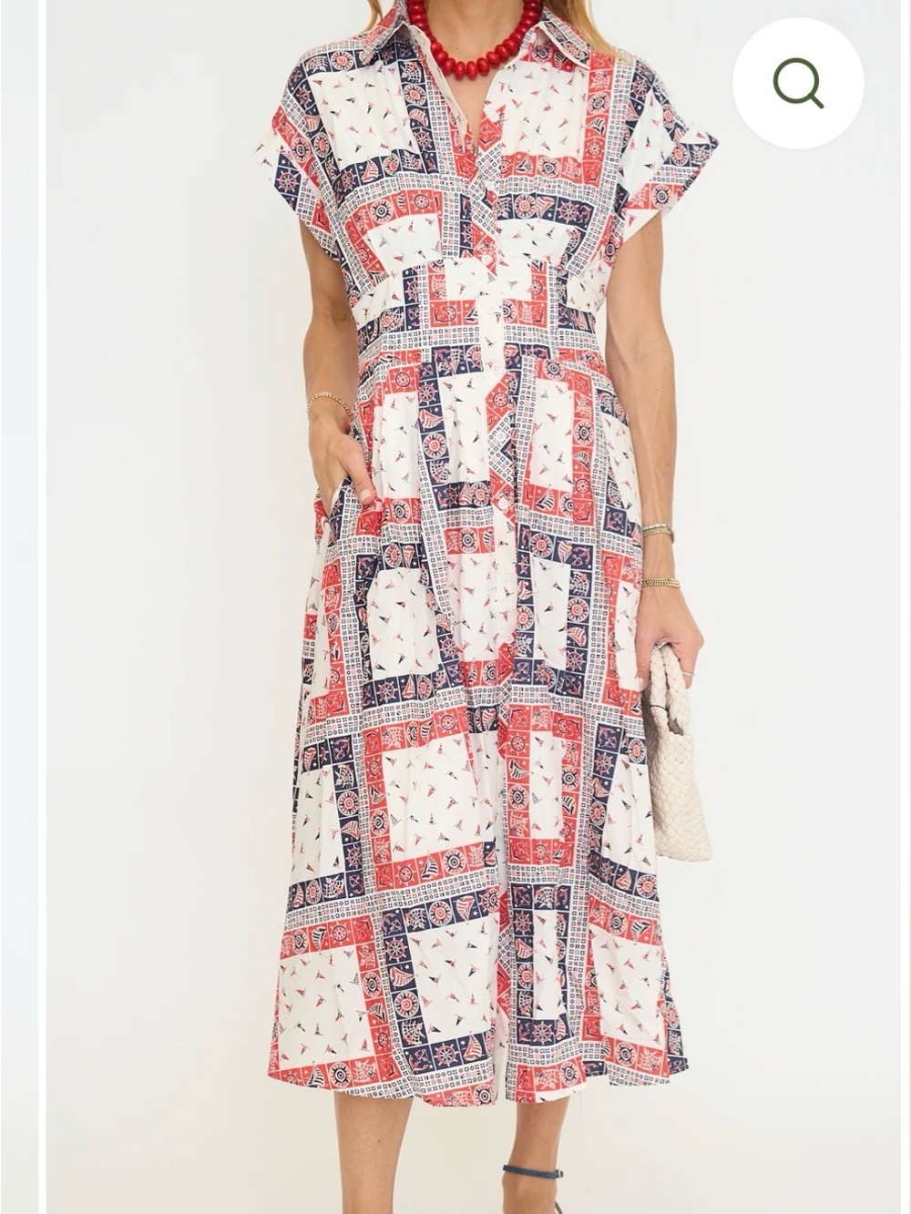 entro Red and Navy Geometric Maxi Shirt Dress